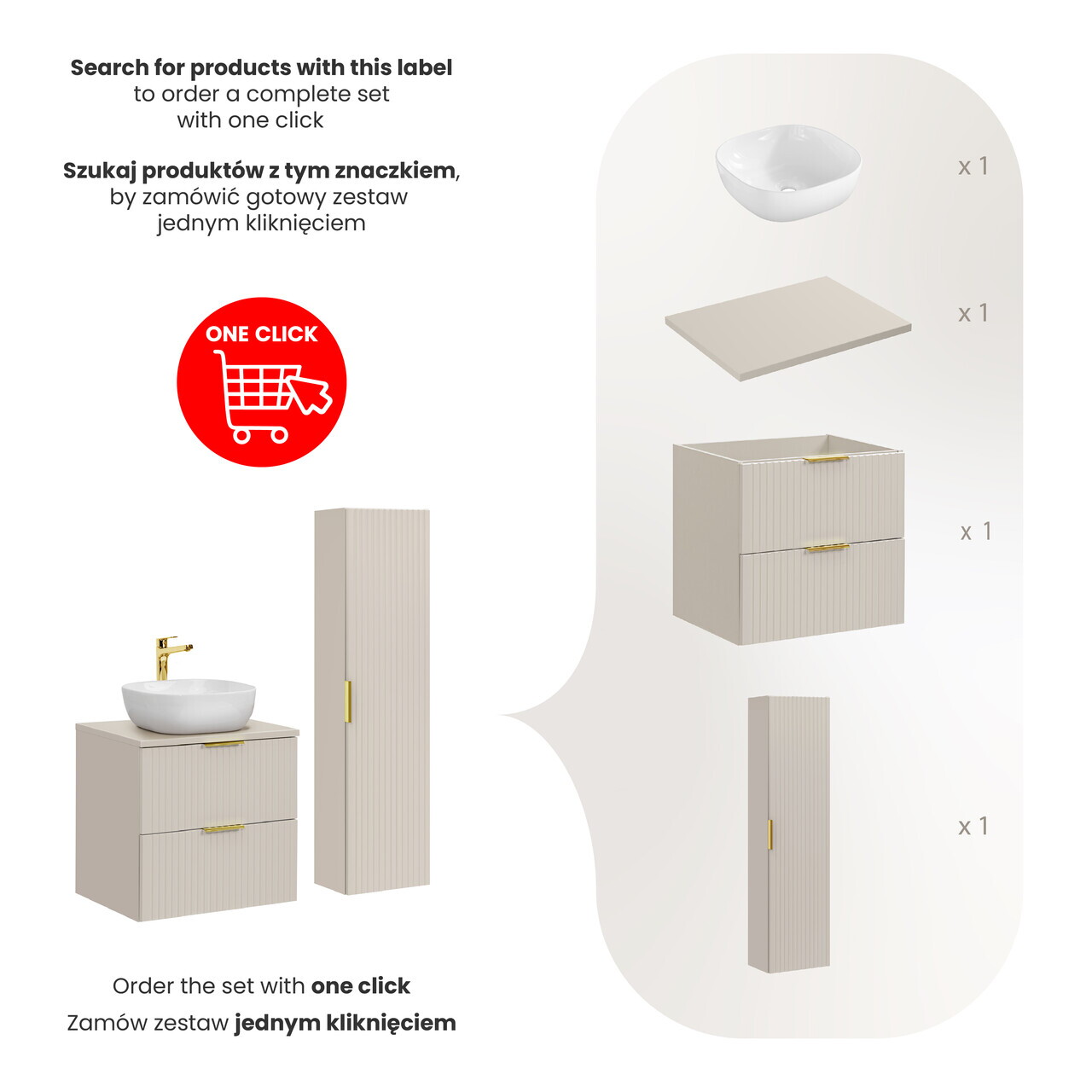 Set mobilier baie Adel Cashmere Smile 60 cm, dulap inalt si masca cu lavoar, Comad, MDF/PAL, casmir — imaginea 2