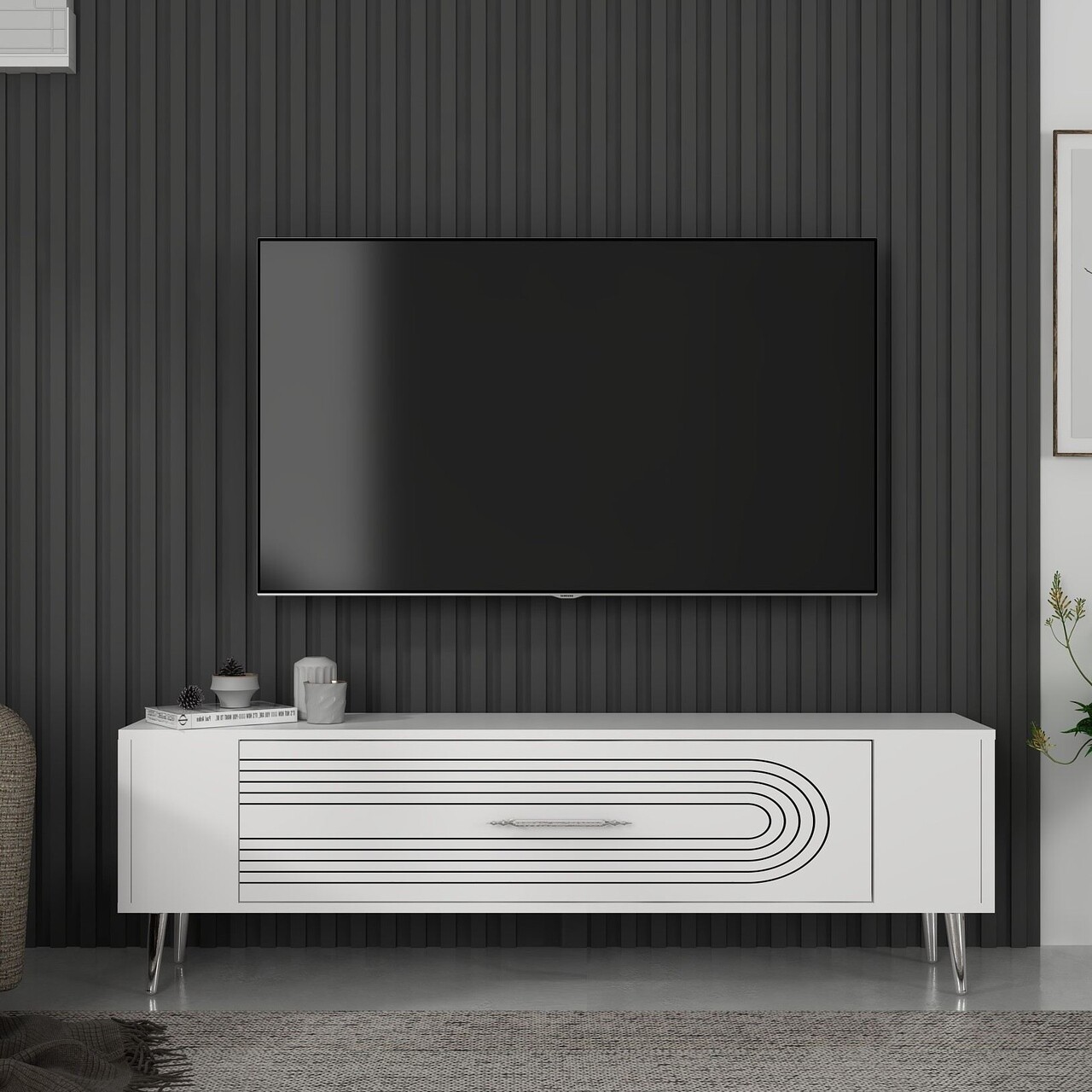 Comoda TV, Olivia, Retrol3, Alb / Argintiu