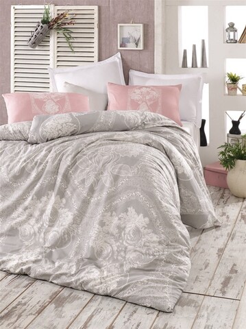 Lenjerie de pat dubla Madam Lili, Pearl Home, 4 piese, 220×240 cm, bumbac ranforce, gri 220x240