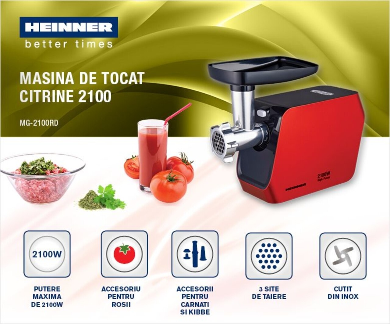 Masina de tocat Heinner, 2100 W, rosu - 2 | YEO