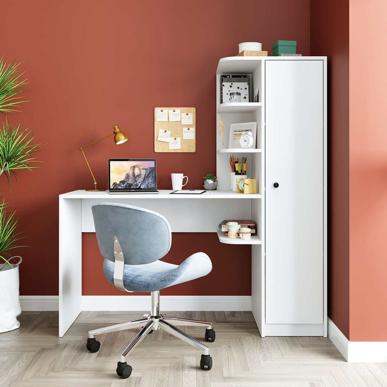 Set birou si biblioteca, Hanah Home, 2128, 143.2x143.2x50 cm, PAL MELAMINAT, Alb — imaginea 2