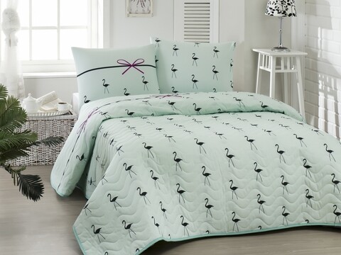 Set cuvertura de pat dubla matlasata, Eponj Home, Flamingo Mint, 3 piese, 65% bumbac, 35% poliester, menta/negru 35% imagine 2022