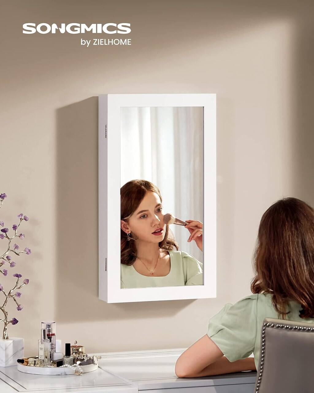 Cabinet pentru bijuterii cu oglinda si fixare pe perete, Songmics, MDF, 37x10x67 cm, alb — imaginea 5