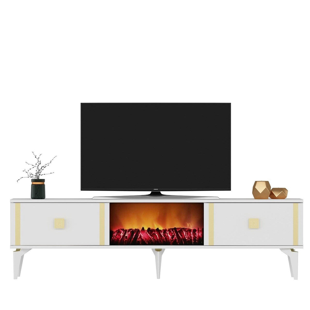 Comoda TV, Olivia, Doruk Fireplace, 150x44.6x29.6 cm, PAL , Alb/Auriu - 1 | YEO
