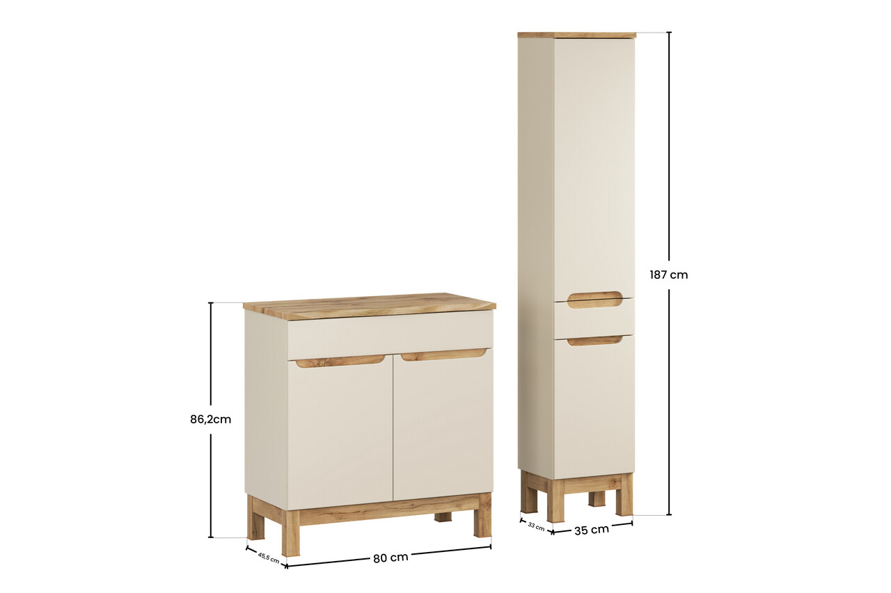 Set mobilier baie Bali Cashmere Natural Wotan 80 cm HC, dulap inalt si masca lavoar, Comad, MDF/PAL, casmir - view 2