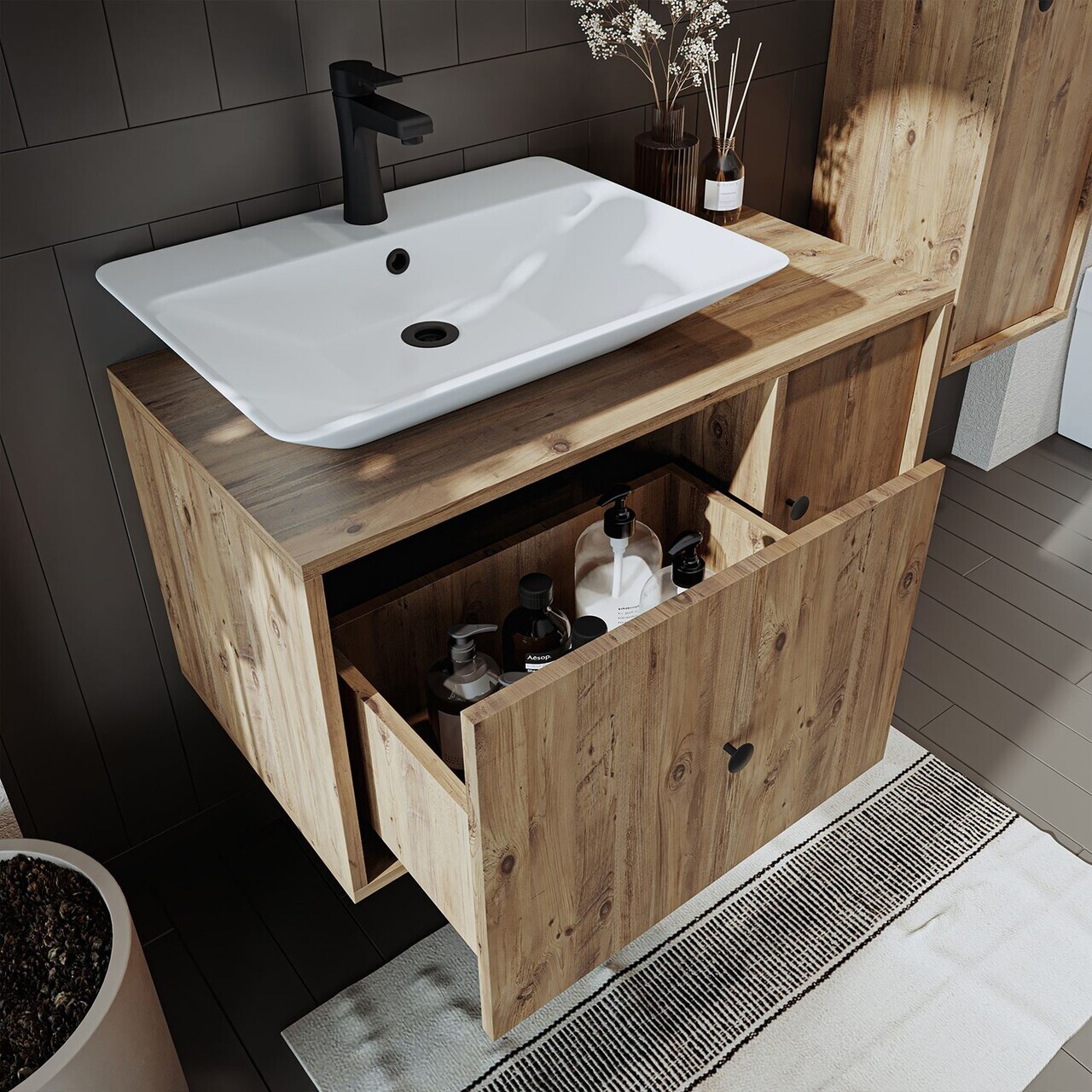 Set Dulap de Baie cu Chiuvetă și Oglindă (2 Piese), Hanah Home, 2554, MDF, Maro — imaginea 5