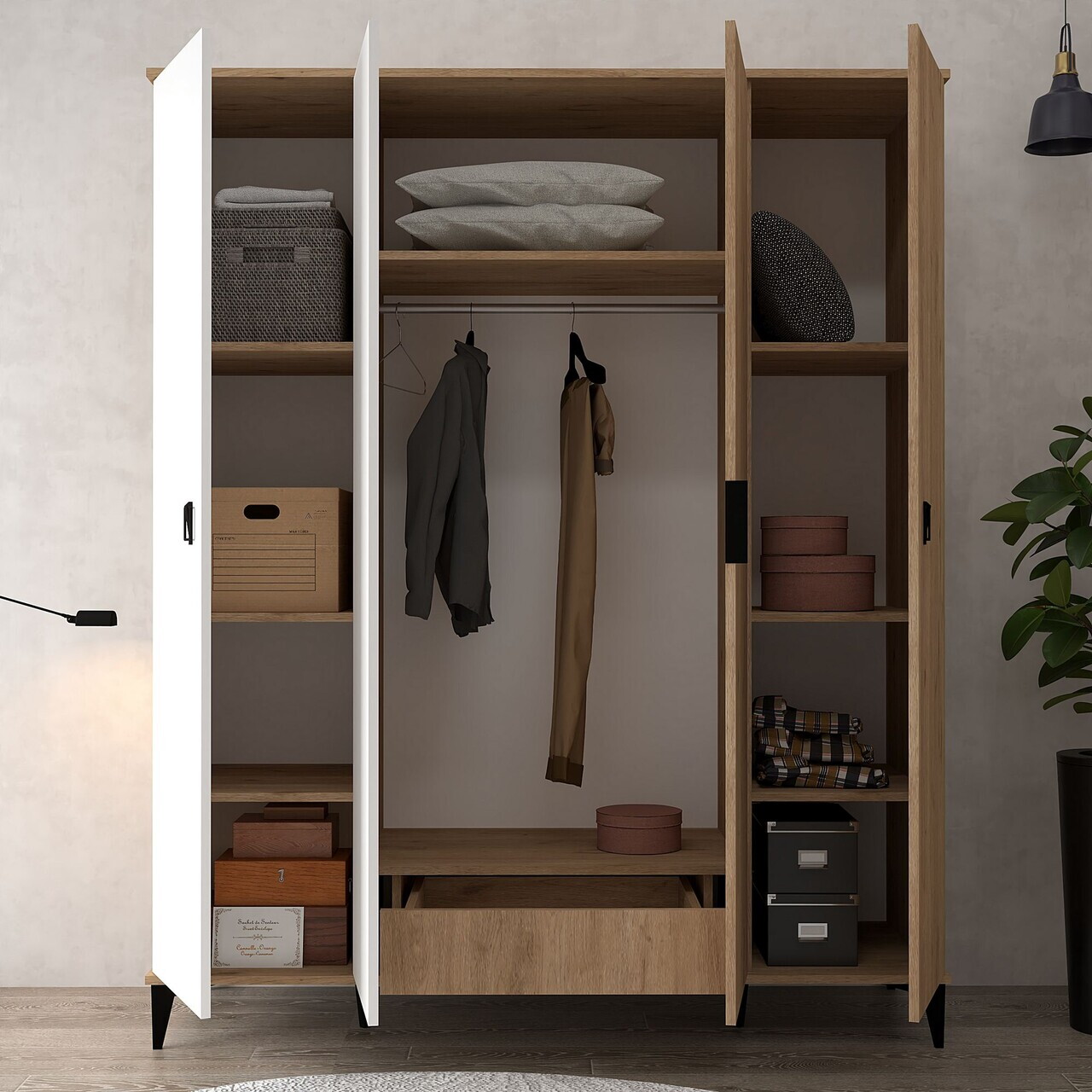 Dulap pentru haine, Hanah Home, Neva 6403, 164x200x52 cm, PAL, Stejar Safir / Alb — imaginea 2