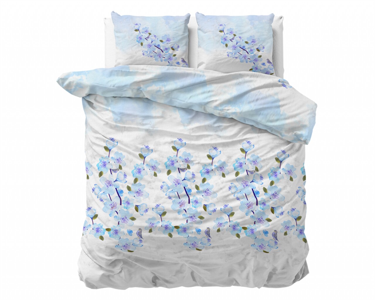 Lenjerie De Pat Dubla Sweet Flowers Turquoise, Royal Textile, 3 Piese, 200 X 220 Cm, 100% Bumbac Flanel, Alb/albastru