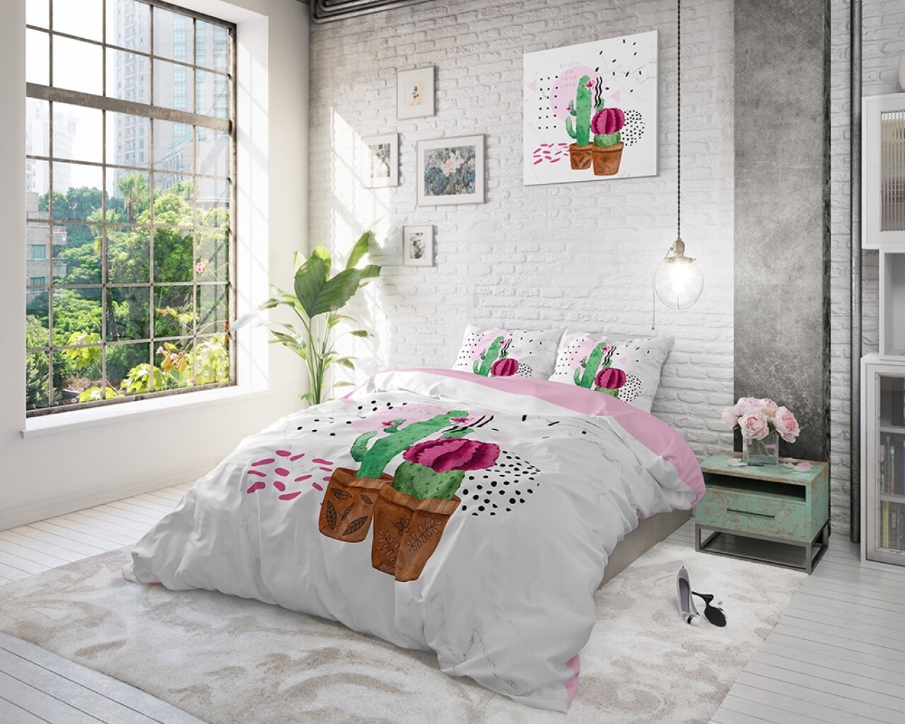 Lenjerie De Pat Dubla Love Your Cactus White - Sleeptime, Royal Textile, 3 Piese, 200 X 220 Cm, Amestec Bumbac, Multicolora