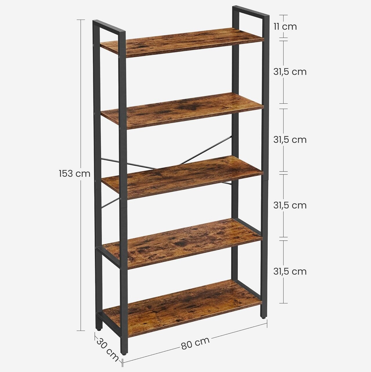 Corp biblioteca, Vasagle, 80 x 30 x 153 cm, PAL/otel, maro rustic