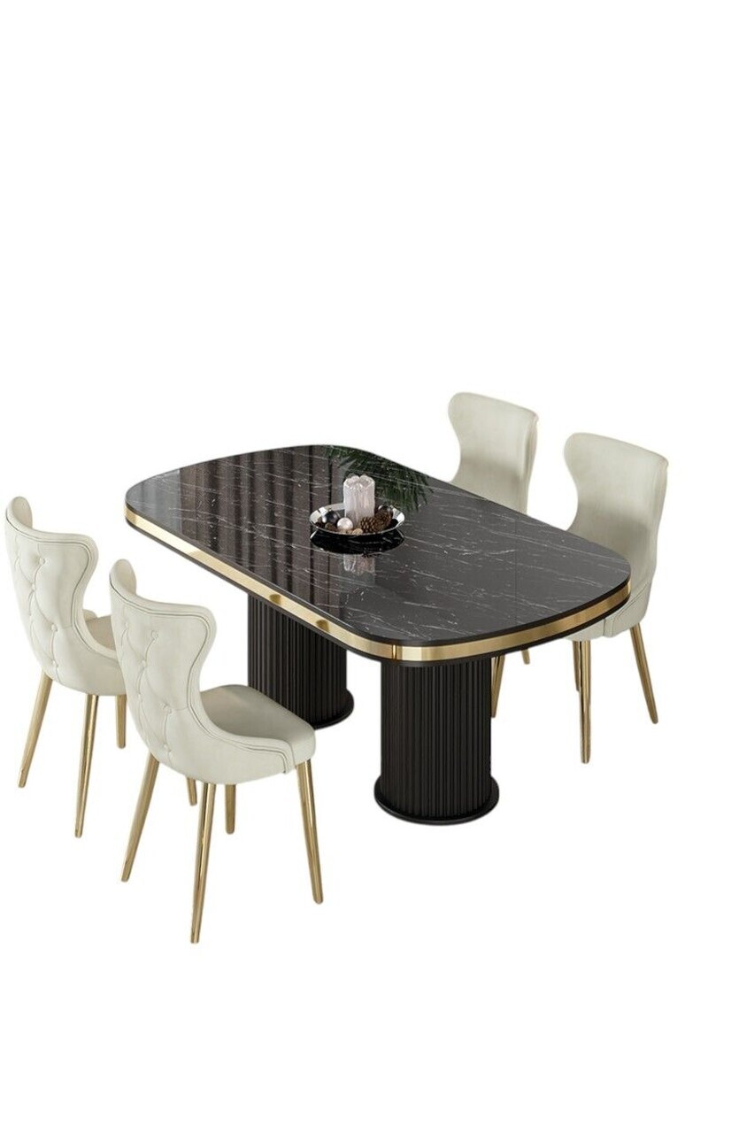 Set masa si scaune (5 piese), Hanah Home, Galya, Model de marmură neagră / Auriu / Crem — imaginea 2