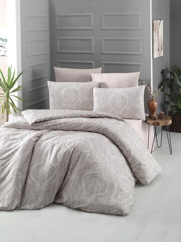 Lenjerie de pat dubla king size, victoria, ornament cream, 4 piese, 100% bumbac ranforce, crem