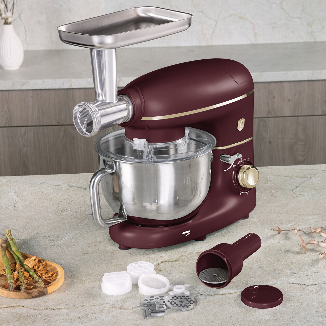 Robot de bucatarie 4 in 1 Berlinger Haus Leonardo 1500W inox/plastic visiniu mat/argintiu