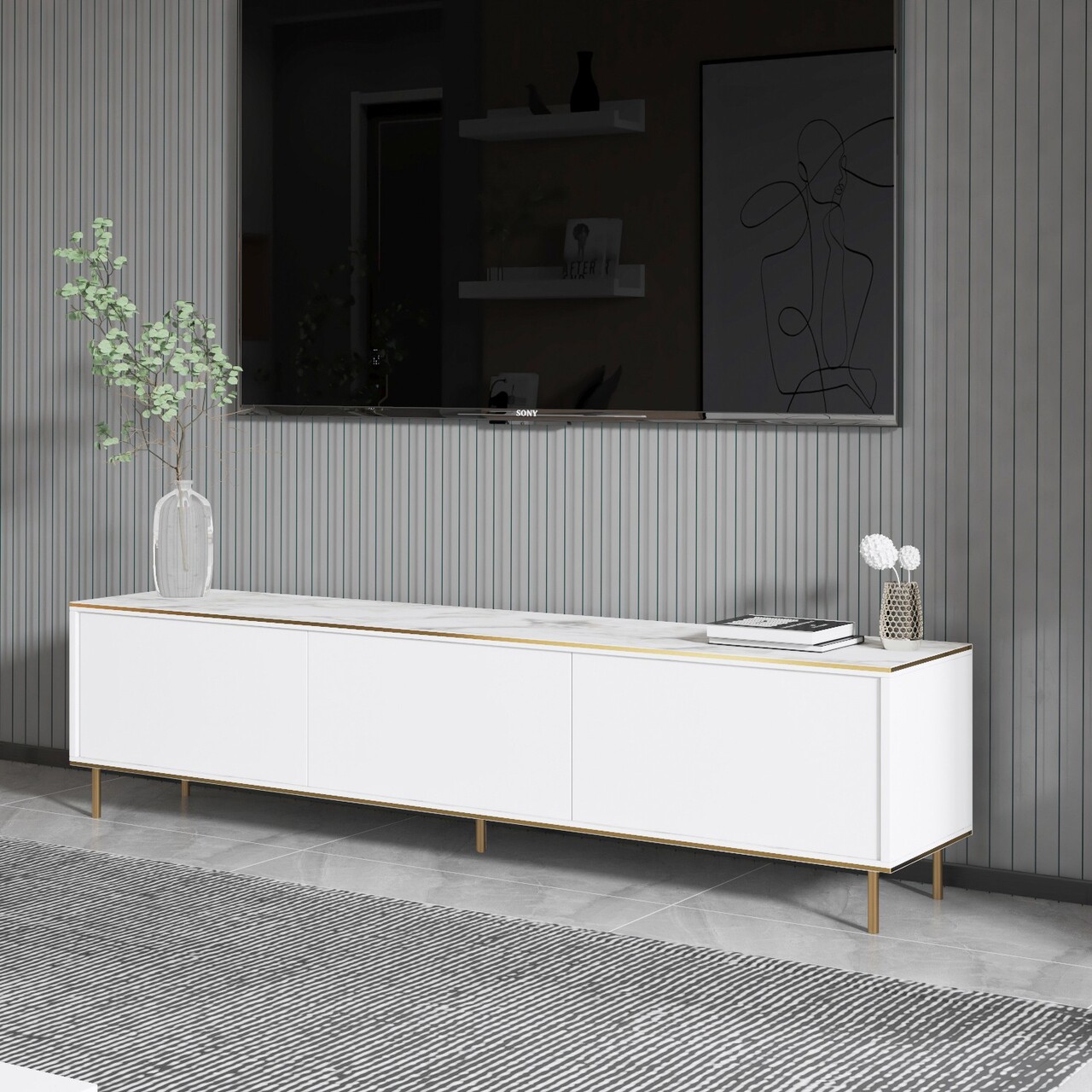 Comoda TV, Inarch, Imaj, 180x45.2x35 cm, PAL, Marmură albă/aur - 2 | YEO