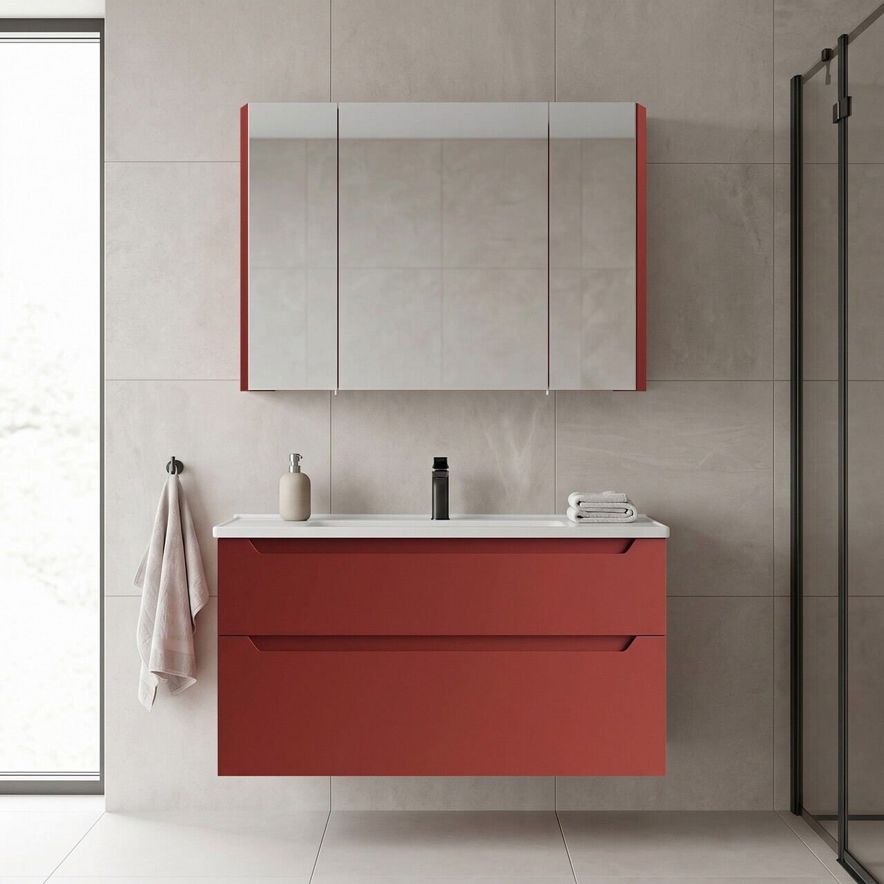 Set Dulap de Baie cu Chiuvetă și Oglindă (2 Piese), Hanah Home, Messina 100 v2, Roșu Mat