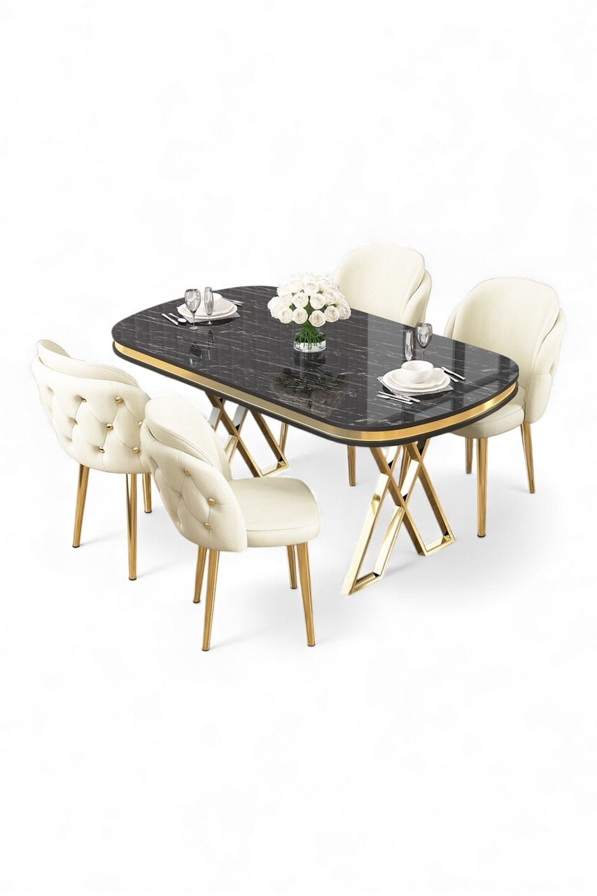Set masă și scaune (5 bucăți), Hanah Home, Zae, Marmură neagră / Auriu / Crem - view 2