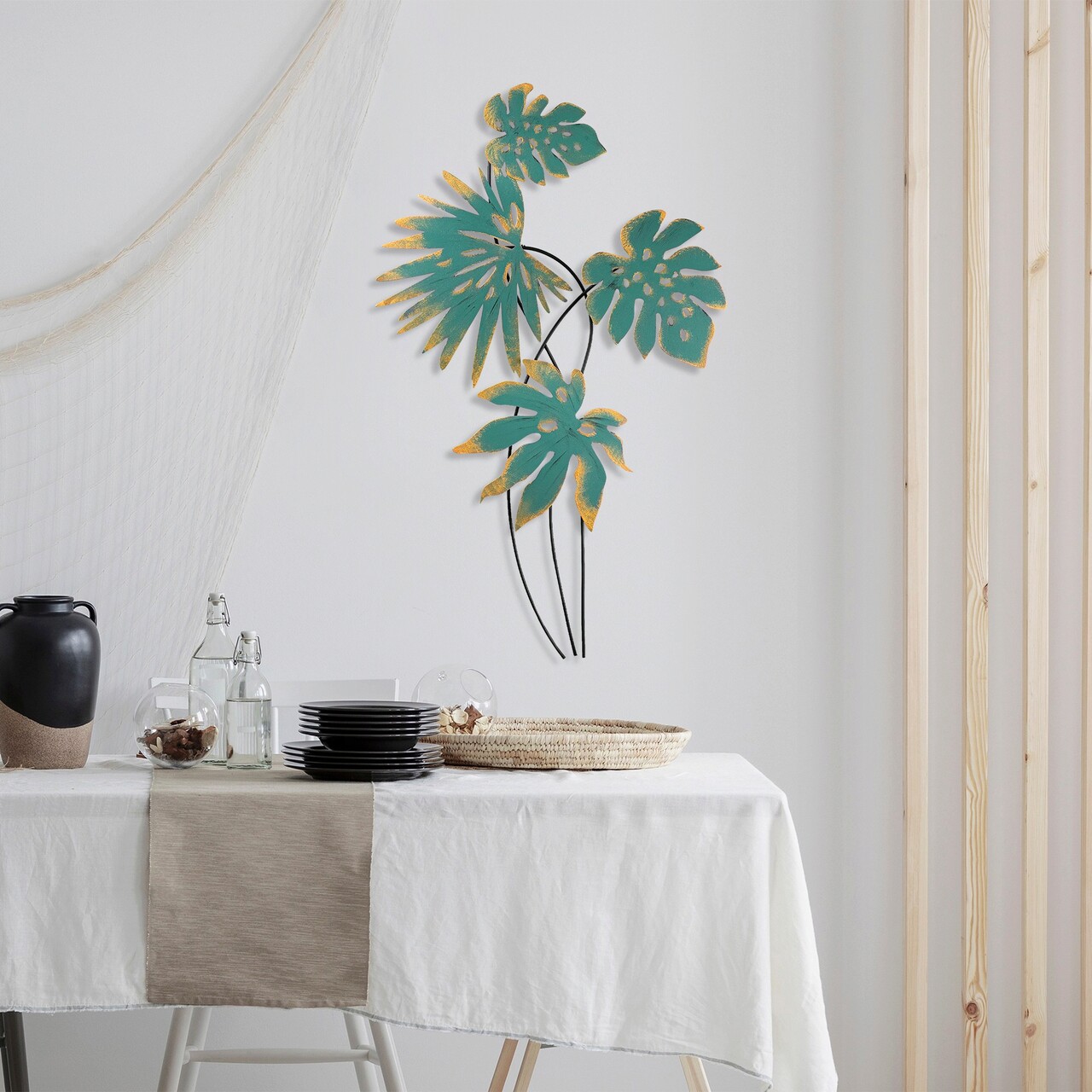 Decoratiune de perete, Monstera, Metal, Dimensiune: 66 x 111 cm, Turcoaz / Galben - 2 | YEO