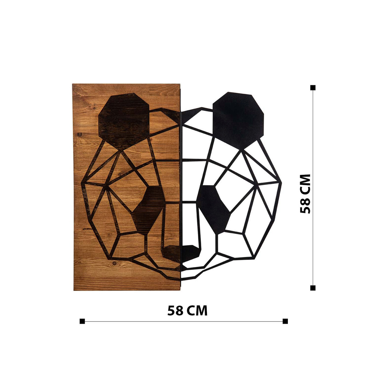 Decoratiune de perete, Panda, lemn/metal, 58 x 58 cm, negru/maro
