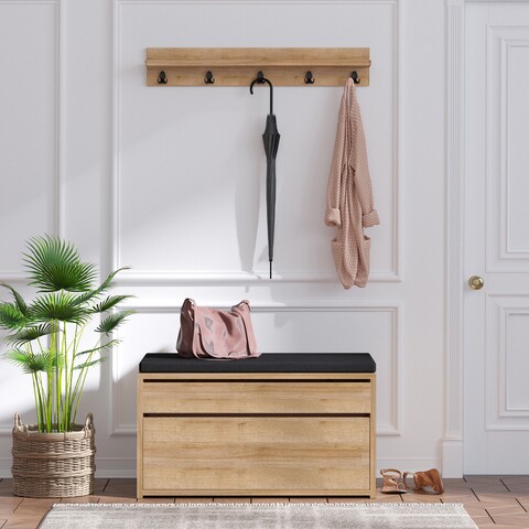Set cuier si pantofar boby, elegance, 80x35x42 cm / 80x15 cm, pal, natural/negru
