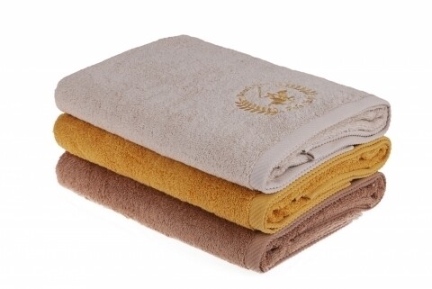 Set 3 prosoape de baie Beverly Hills Polo Club, 70x140 cm, 100% bumbac, Rock/Light Brown/Mustard