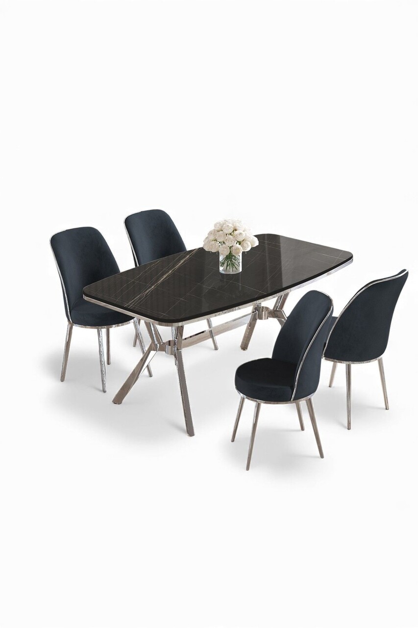 Set masă și scaune (5 bucăți), Hanah Home, Lena, Marmură neagră / Crom / Antracit - view 2