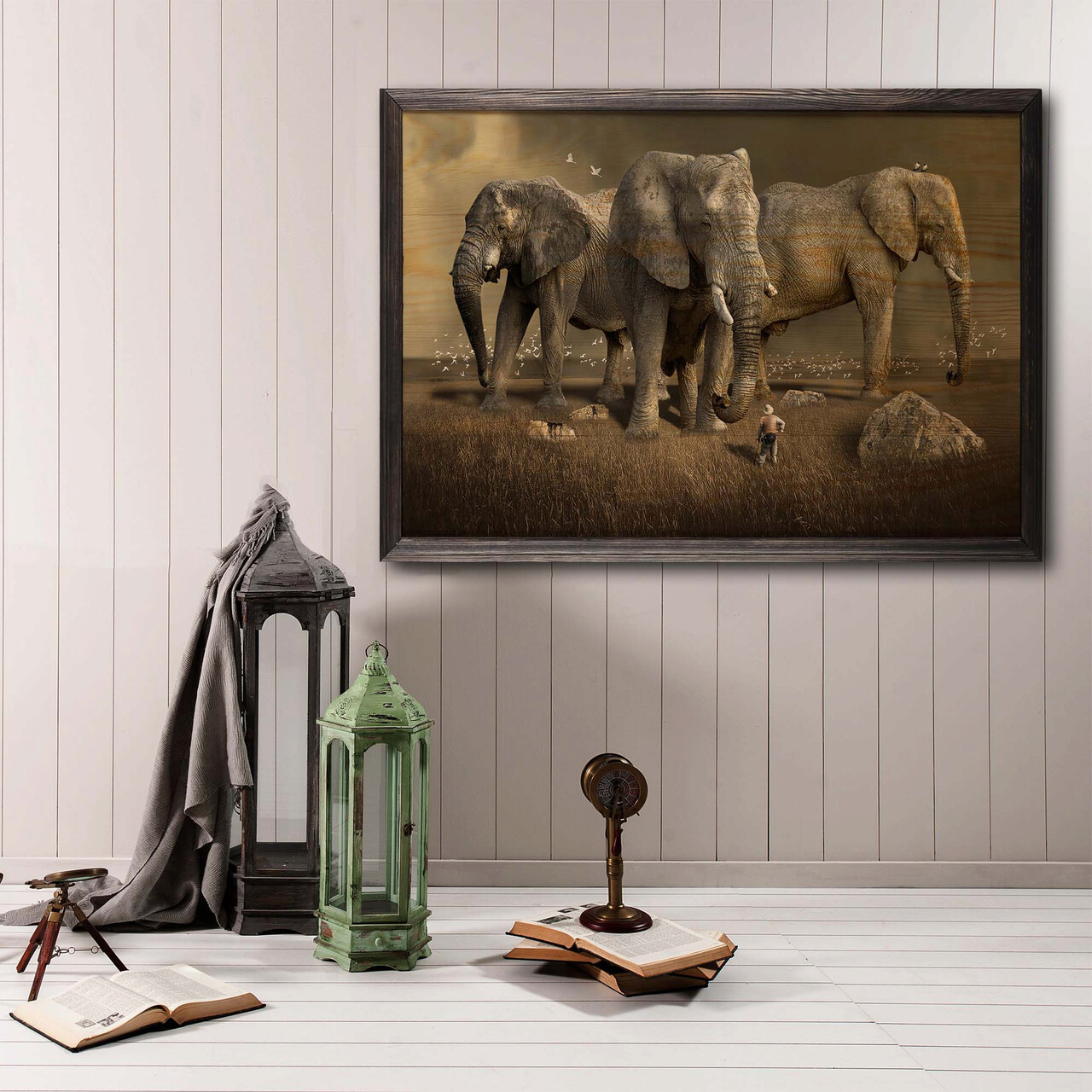 Tablou decorativ, Elephant Horde XL, Lemn, Lemn, Multicolor
