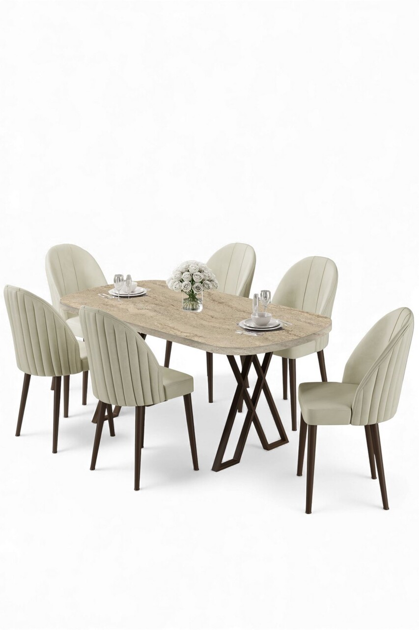Set masă și scaune (7 piese), Hanah Home, Kaye, Travertin / Crem - view 2