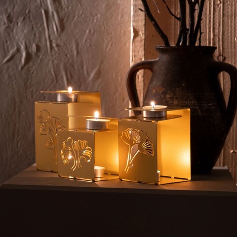 Set 3 suporturi lumanare, ginkgo tealight, otel, auriu