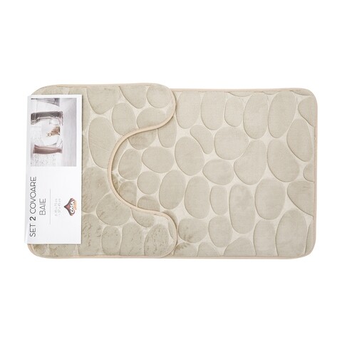 Set 2 covorase de baie, Casa Plastor, Stones, 45 x 73 cm, 37 x 45 cm, poliester/poliuretan/PVC, bej