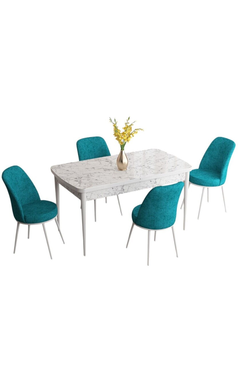 Set masa extensibila si scaune (5 piese), Hanah Home, Han, Model de marmură albă / turcoaz