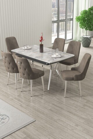 Set masa extensibila si scaune (7 piese), Hanah Home, Nis, Gri / Crom / Cappuccino