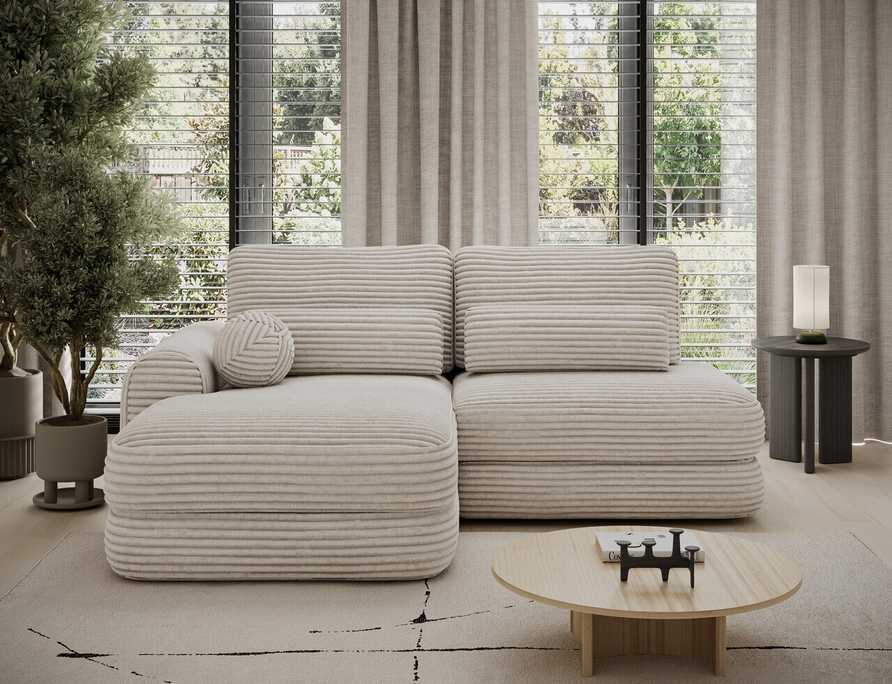Coltar extensibil stanga 3 locuri ELTAP, Ripeli, 217x175x96 cm, lemn/catifea din poliester, bej deschis — imaginea 3