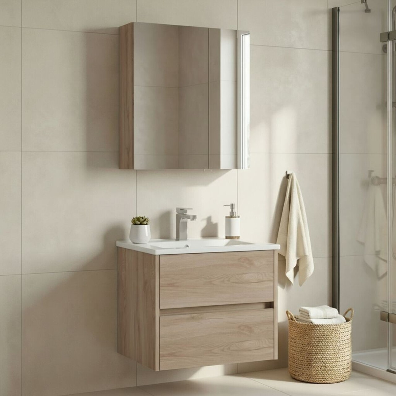Set Dulap de Baie cu Chiuvetă și Oglindă (2 Piese), Hanah Home, Side 65 v2, Stejar — imaginea 2