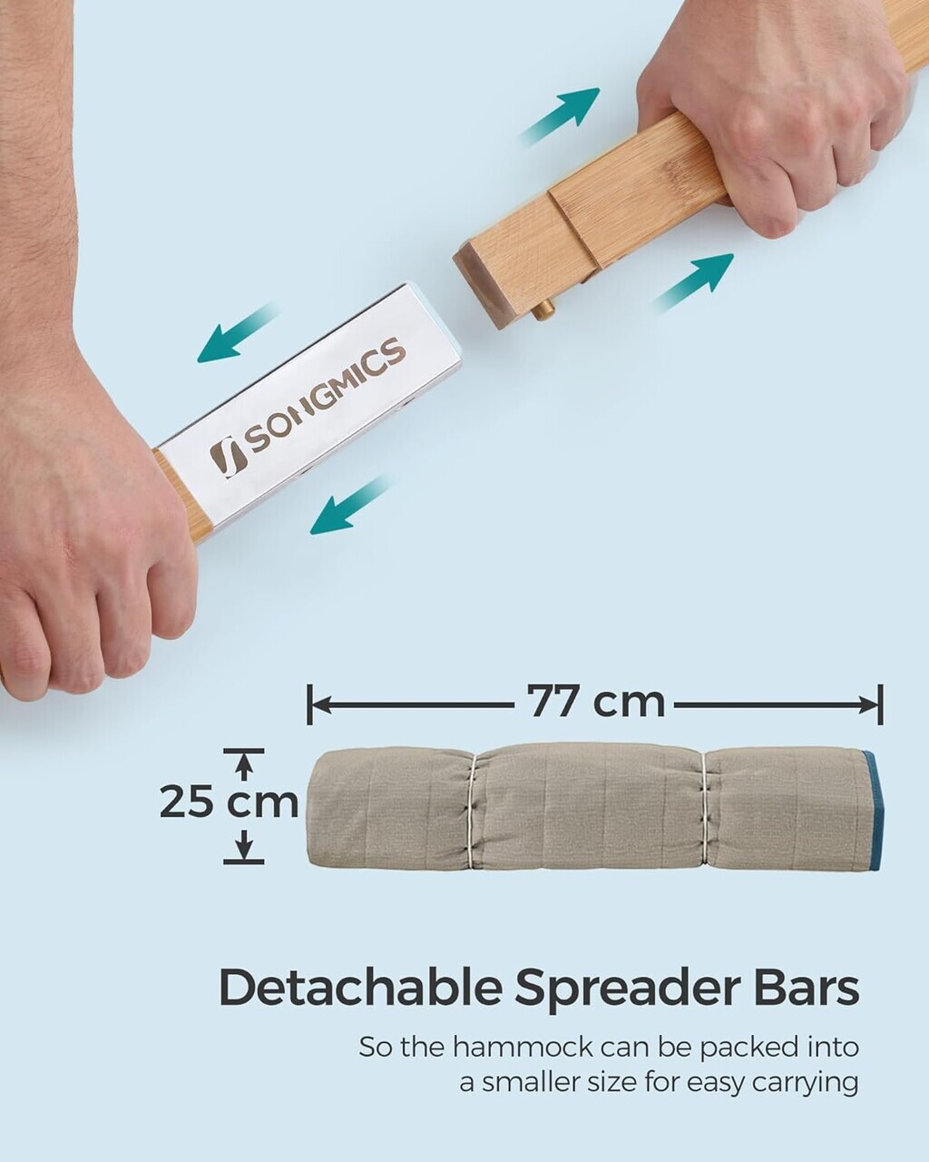 Hamac dublu captusit 200x140 cm, cu bare din bambus curbate detasabile, perna inclusa, max 225 kg, poliester - imagine 3