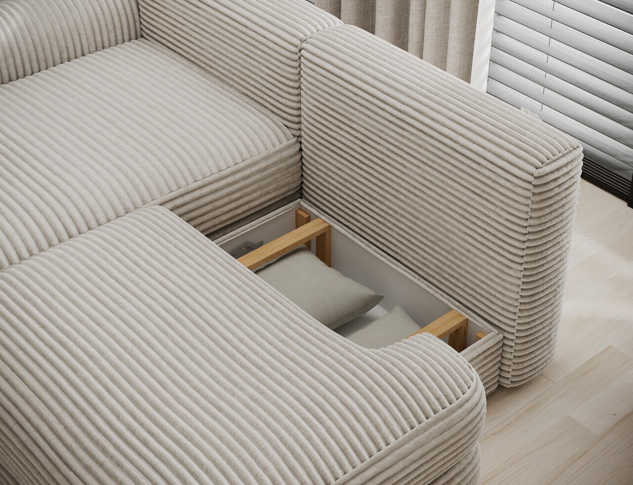 Coltar extensibil stanga 3 locuri ELTAP, Ripeli, 217x175x96 cm, lemn/catifea din poliester, bej deschis — imaginea 7