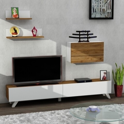 Comoda TV cu rafturi, Wooden Art, Caterina White Walnut, 180×32.6×29.5 cm 180x32.6x29.5
