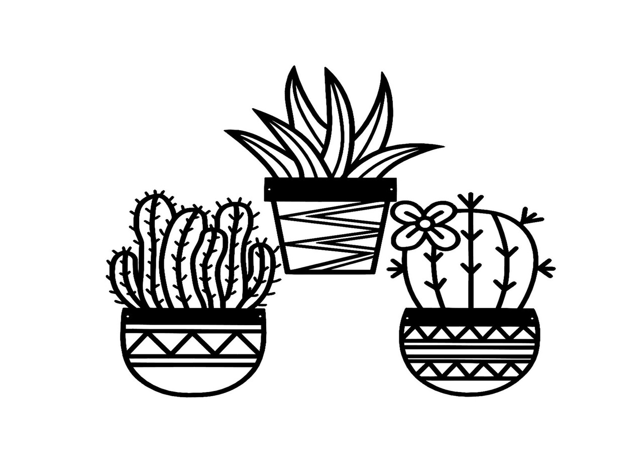 Decoratiune De Perete, Cactus, Metal, 20 X 25 Cm, 3 Piese, Negru