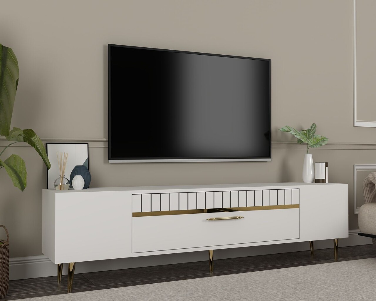 Comoda TV, Olivia, Dekolp1, Alb/Auriu - 1 | YEO