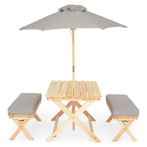 Set 2 banchete + masa + umbrela, Kids Picnic, lemn de brad, natural/gri