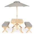 Set 2 banchete + masa + umbrela, Kids Picnic, lemn de brad, natural/gri