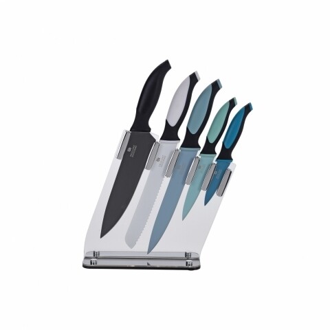 Set 5 cutite cu suport transparent, 29 x 37 x 60 cm, otel/plastic, multicolor