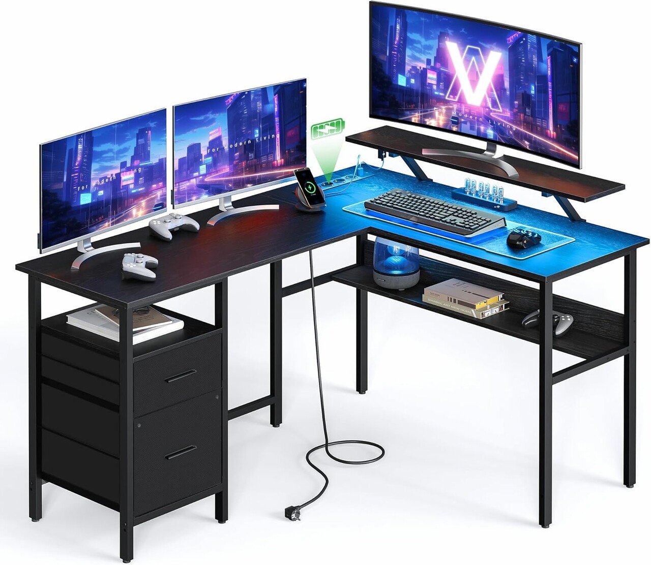 Birou in forma de L / birou de colt, Vasagle, Gaming Desk, cu suport monitor, sertare, priza incorporata si porturi USB, 120x150x89 cm, PAL/otel, negru - 1 | YEO
