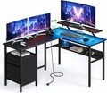 Birou in forma de L / birou de colt, Vasagle, Gaming Desk, cu suport monitor, sertare, priza incorporata si porturi USB, 120x150x89 cm, PAL/otel, negru
