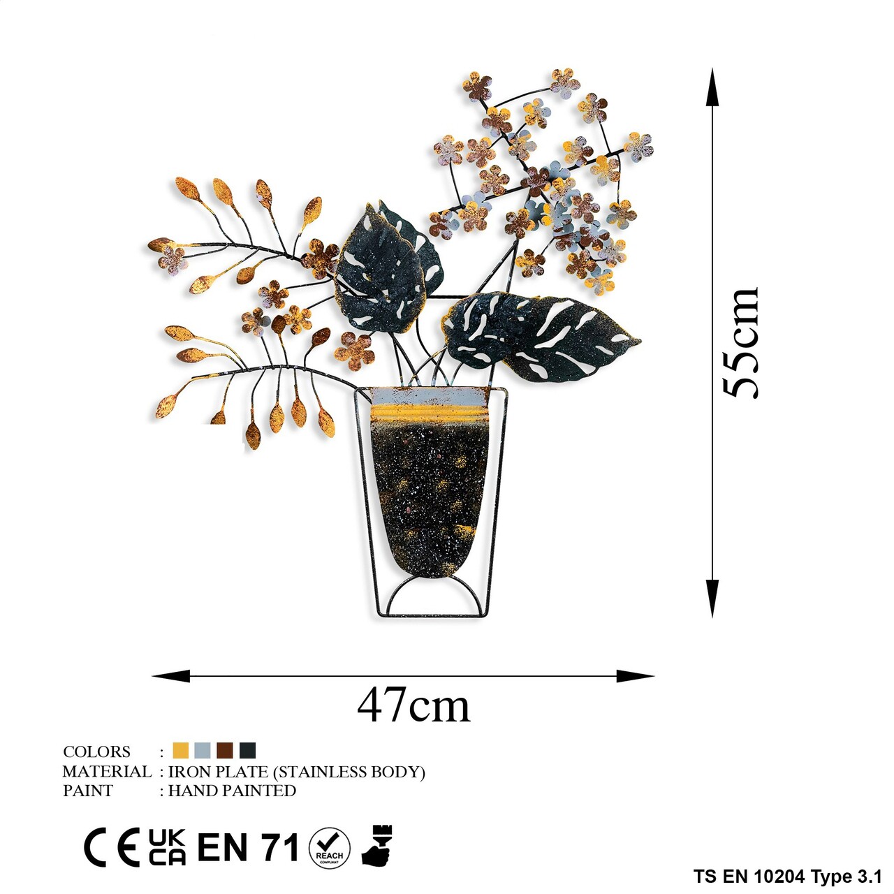 Decoratiune de perete, Flowers in Pots 2, Metal, Dimensiune: 47 x 55 cm, Multicolor