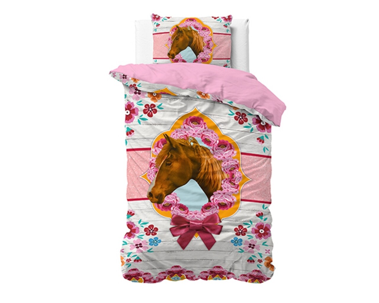 Lenjerie De Pat Pentru O Persoana, Cute Horse Pink, Dreamhouse, 2 Piese, 140x200 Cm, 100% Bumbac, Multicolora