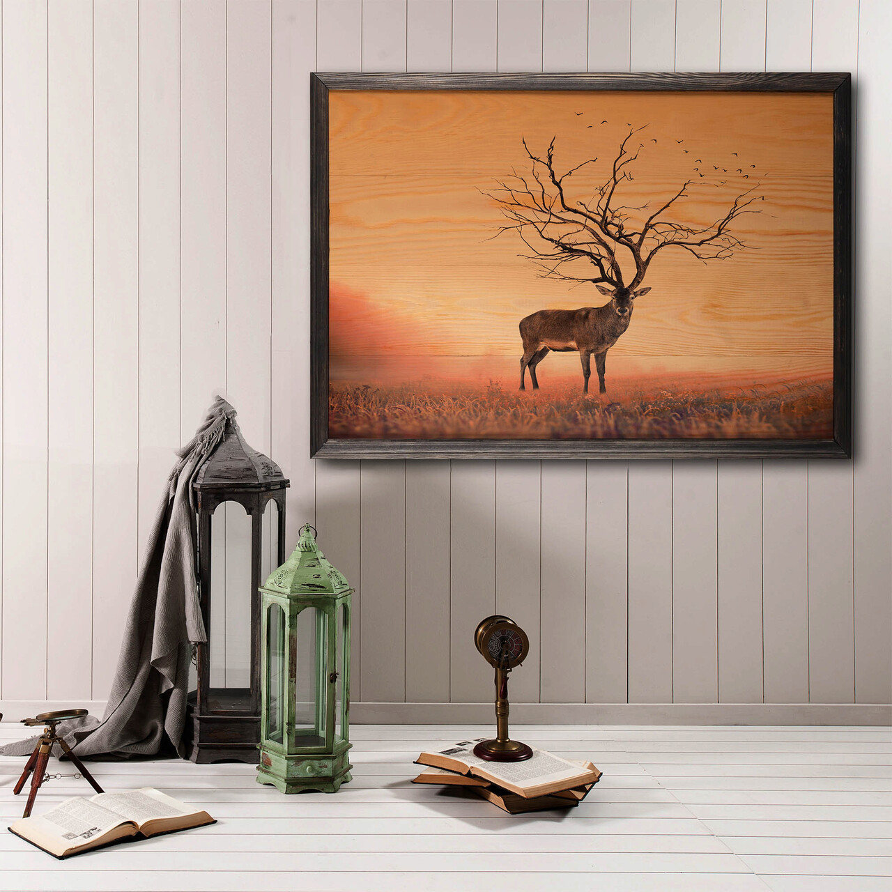 Tablou decorativ, Stag Tree XL, Lemn, Lemn, Multicolor