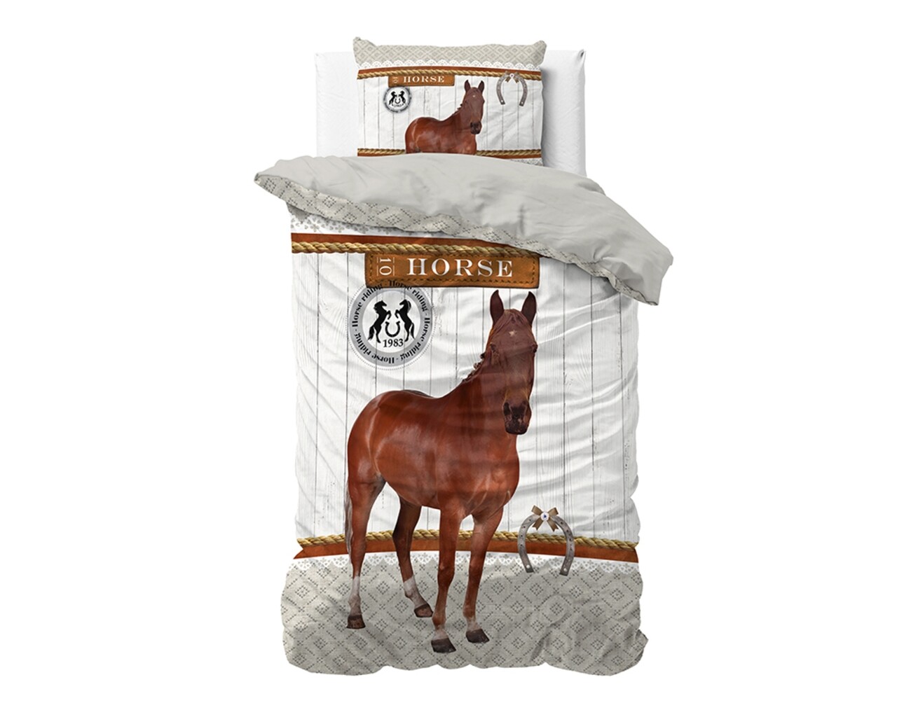 Lenjerie De Pat Pentru O Persoana, Horse Riding Brown, Dreamhouse, 2 Piese, 200x220 Cm, Bumbac, Maro