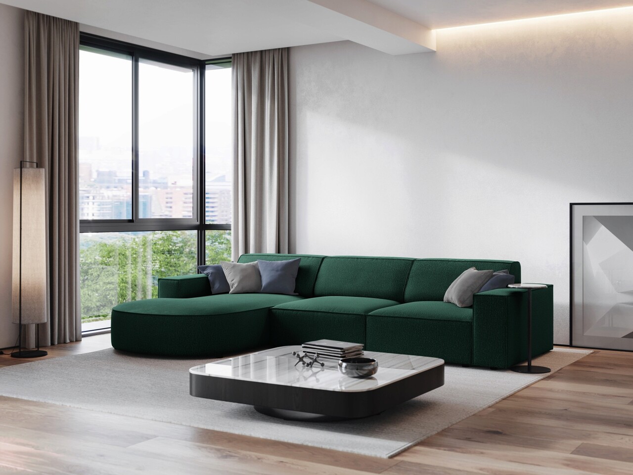 Coltar stanga 4 locuri, Jodie, Micadoni Home, BL, forma rotunjita, 284x166x70 cm, poliester, verde