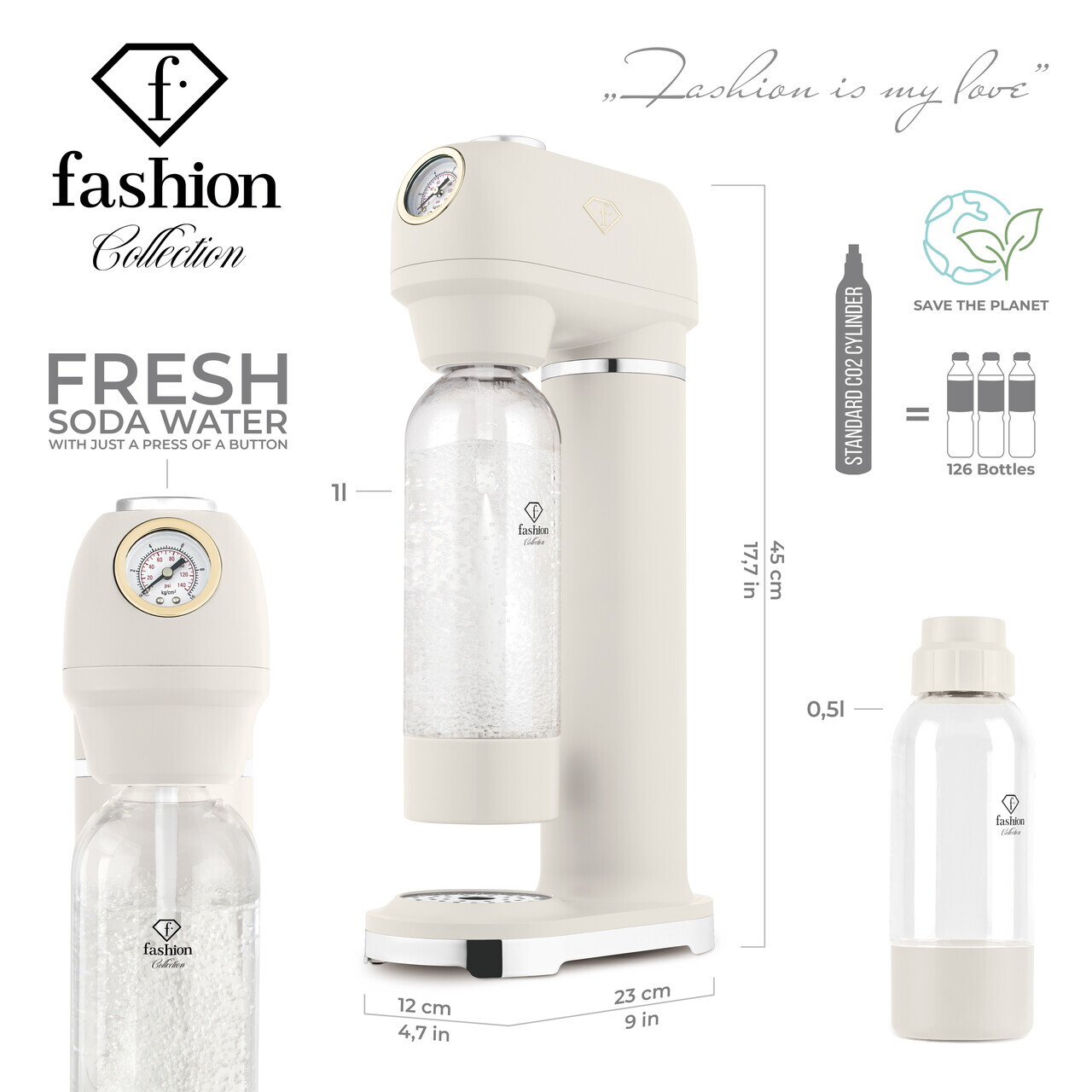 Aparat sifon Fashion TV, Sahara, 23x12x45 cm, 0.5L / 1L, inox/polipropilena, crem - view 10