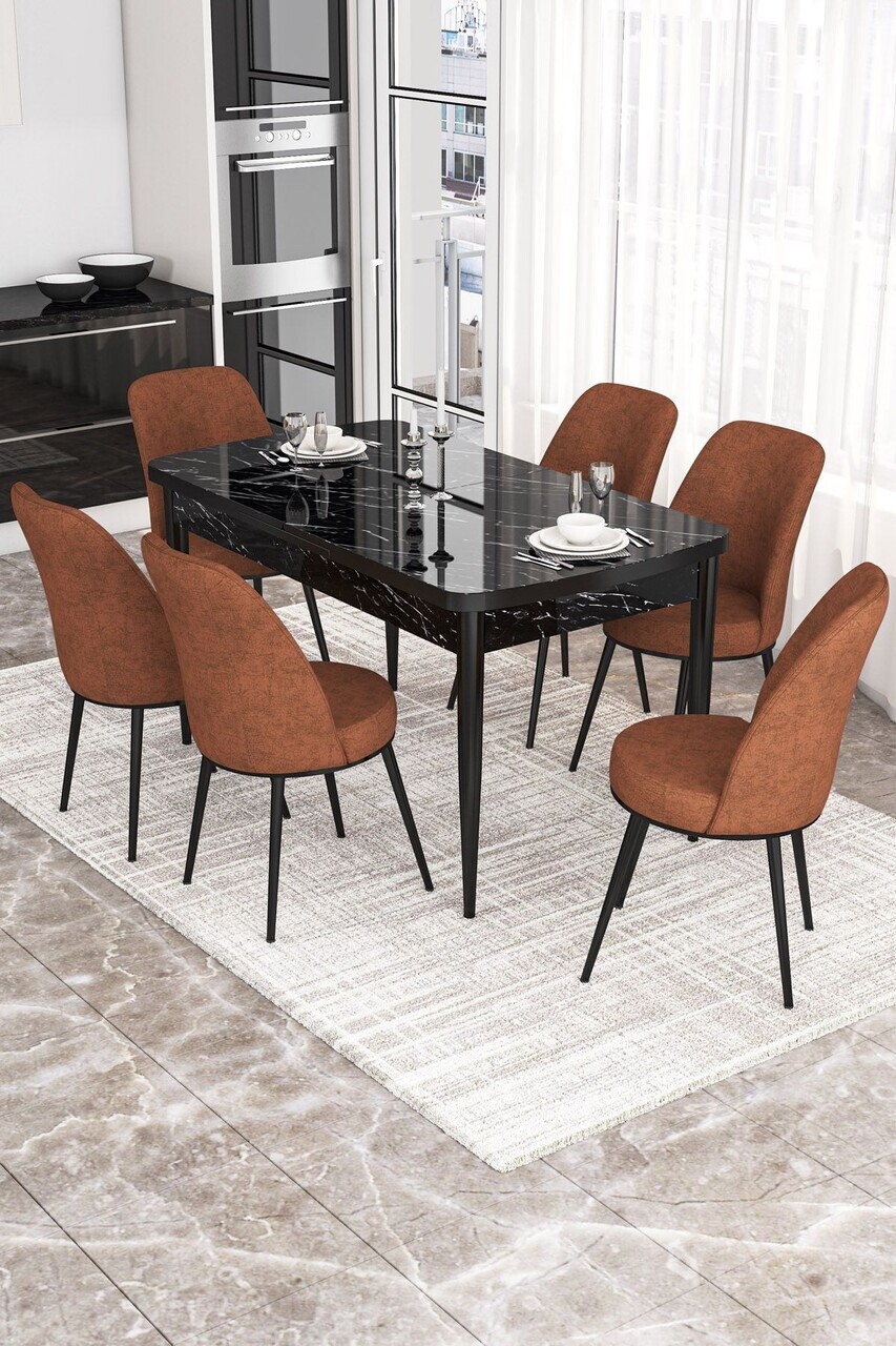 Set masa extensibila si scaune (7 piese), Hanah Home, Via, Model de marmură neagră / Teracotă